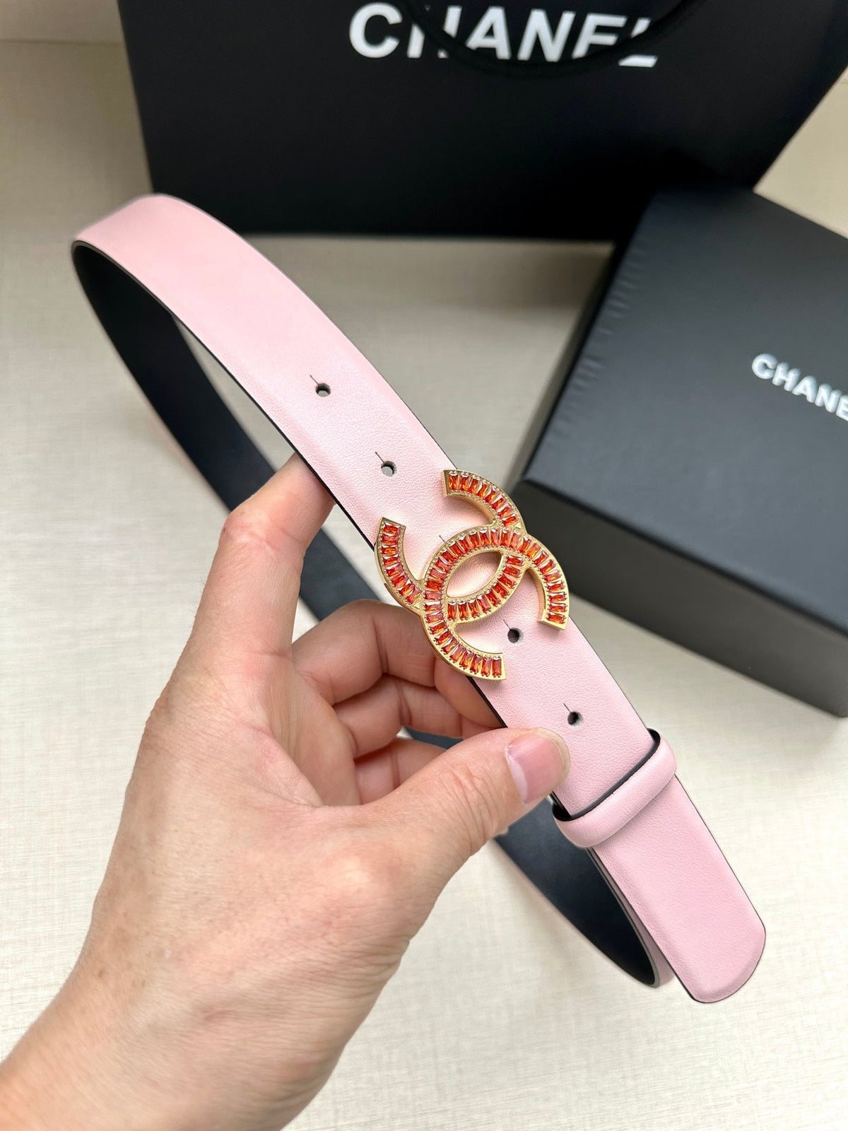 CHANEL 25S BELT 30 MM IN LIGHT PINK CALFSKIN 616971