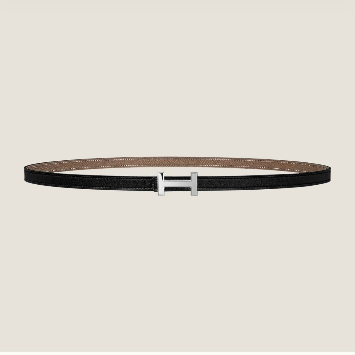 HERMES FOCUS BUCKLE & REVERSIBLE KHAKI BROWN AND BLACK LEATHER STRAP 13MM SILVER HARDWARE