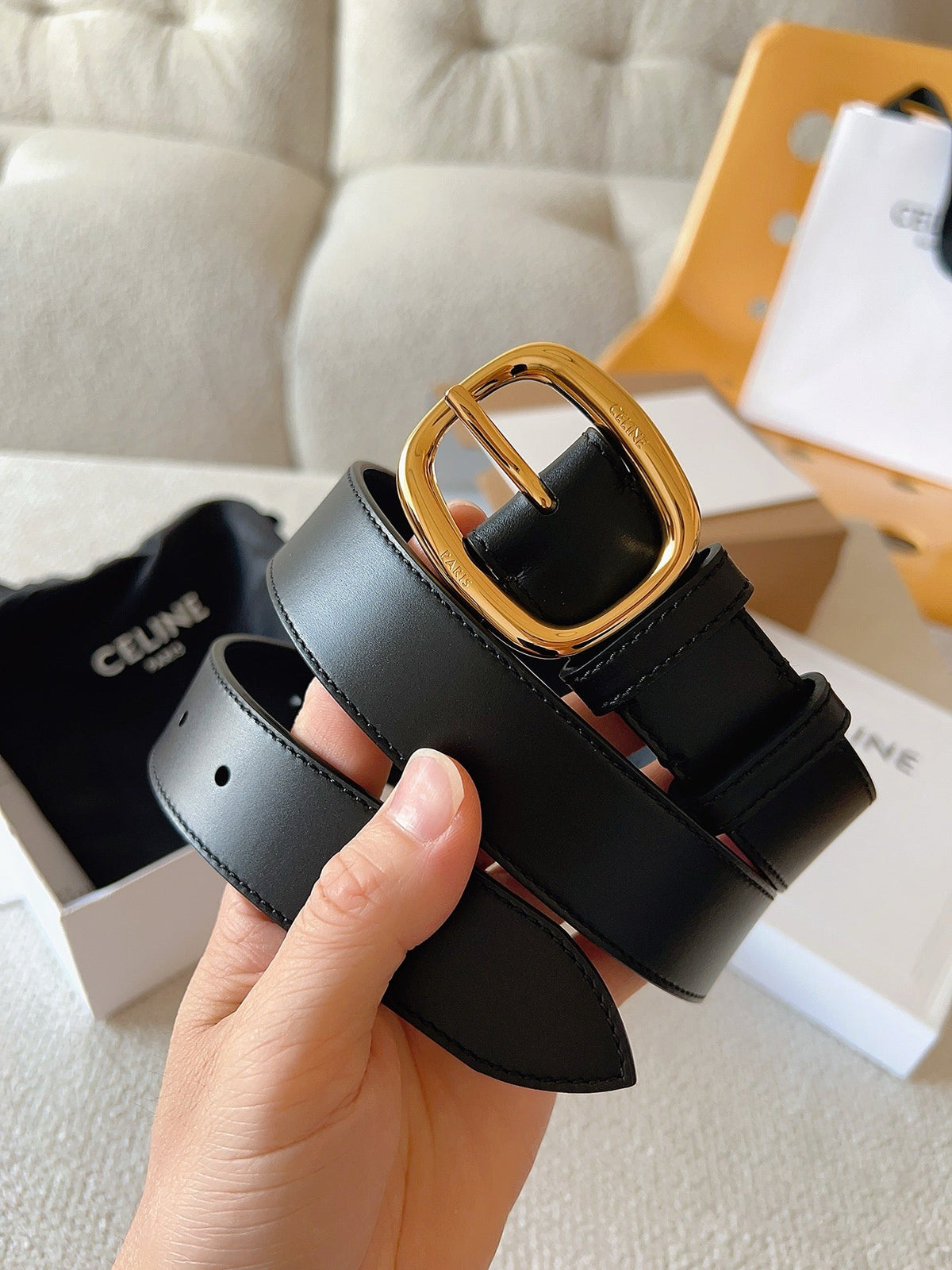 CELINE 25S SMALL 30MM WESTERN BELT IN BLACK CALFSKIN 566637