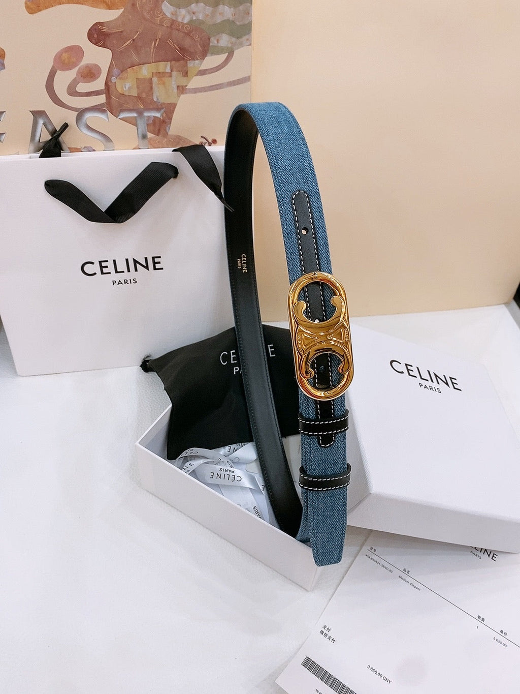 CELINE 25S BELT TRIOMPHE TAURILLON 25MM IN BLACK CALFSKIN AND DENIM 558347