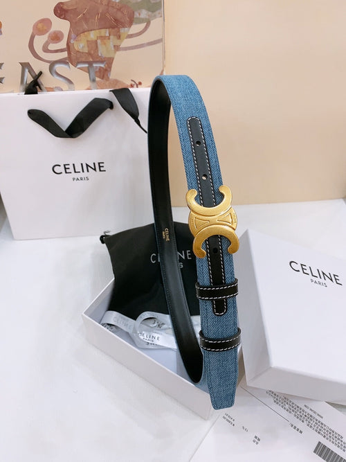 CELINE 25S BELT TRIOMPHE TAURILLON 25MM IN BLACK CALFSKIN AND DENIM 558349