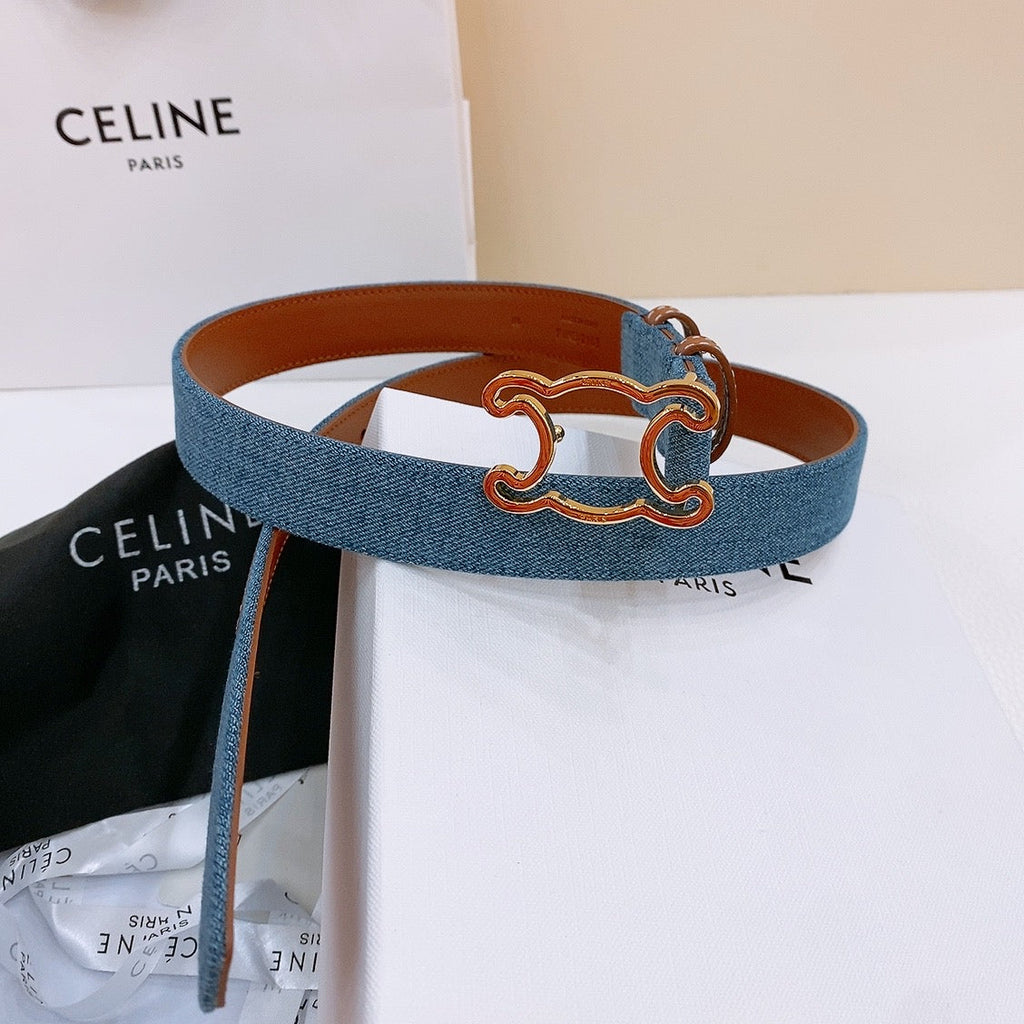 CELINE 25S BELT TRIOMPHE TAURILLON 25MM IN BROWN CALFSKIN AND DENIM 558351